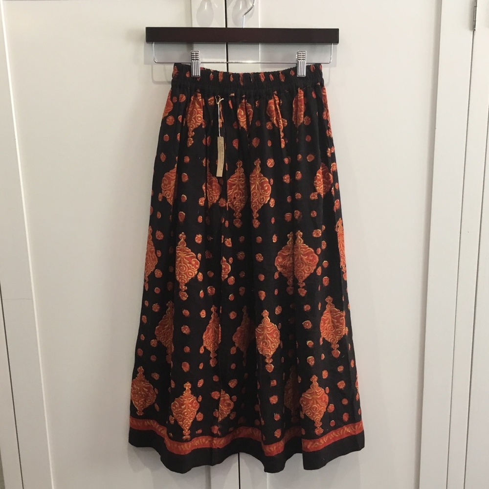 Black, Orange and Red Patterned Midi Skirt